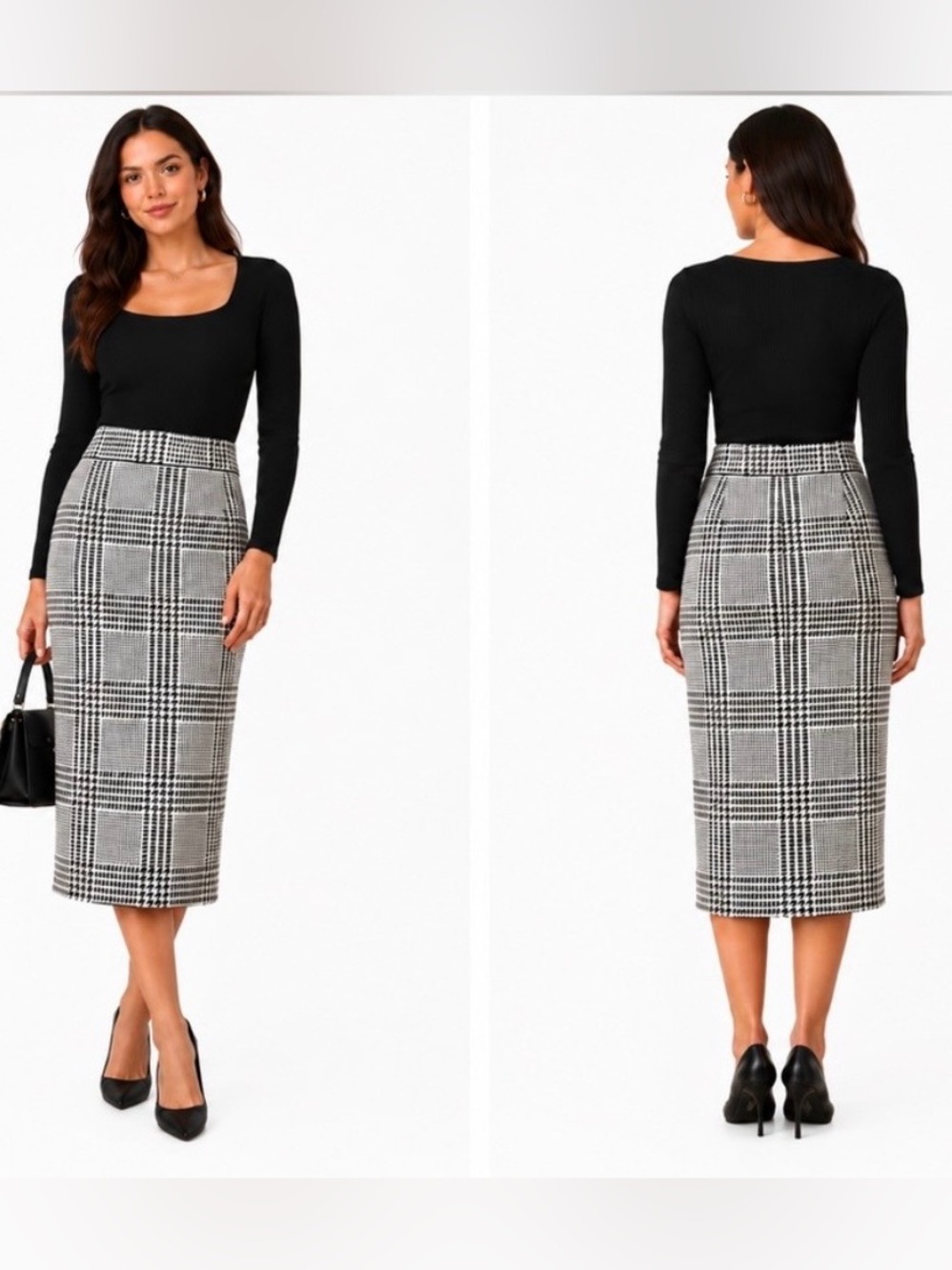 Zara Black & White Houndstooth Knit Midi Pencil Skirt | Size S
